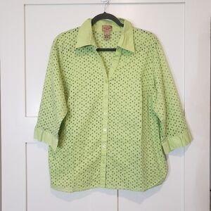 Choices Size 1X Button Down Eyelet 100% Cotton Shirt 3/4 Sleeves Lime Green